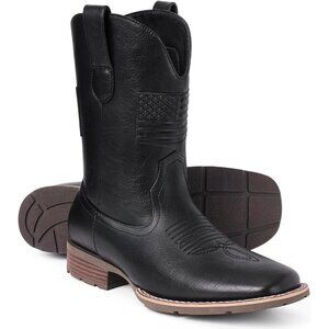 Men's Black Square Toe Western Cowgirl Boots With Flag Faux Leather Booties
